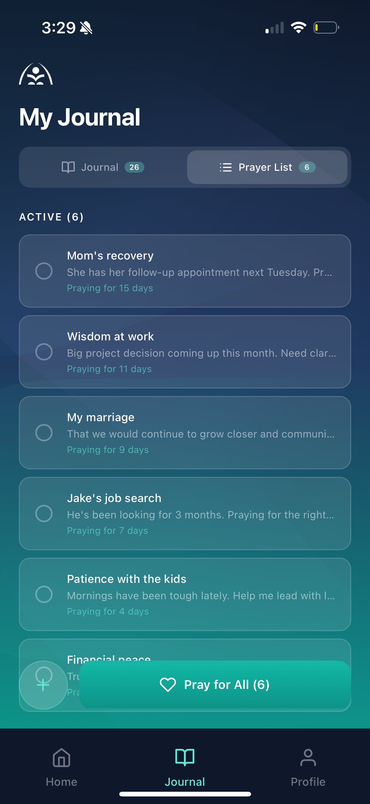 Prayer list with 6 active items and Pray for All button